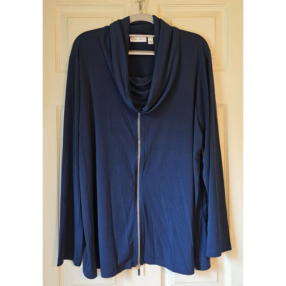 Susan Graver Zip Front Cardigan Jacket Navy Blue Cowl Neck Top XL - Picture 1 of 13